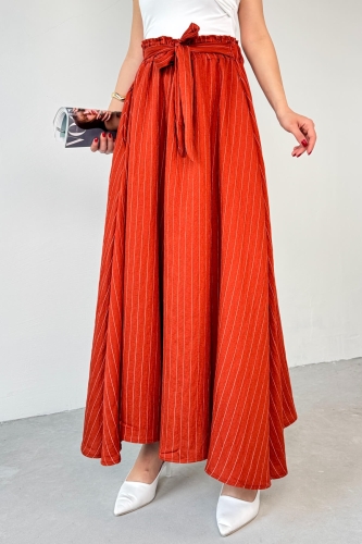 PNT-07411 Tarçın Çizgili Dokuma Şalvar Etek Pantolon - 12