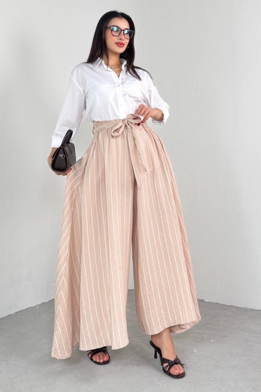 PNT-07411 Vizon Çizgili Dokuma Şalvar Etek Pantolon - 4