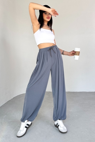 PNT-07413 Füme Modal Kumaş Paça Detaylı Şalvar Pantolon 