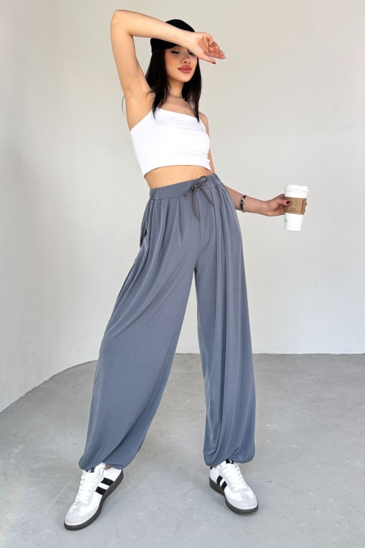 PNT-07413 Füme Modal Kumaş Paça Detaylı Şalvar Pantolon - 1