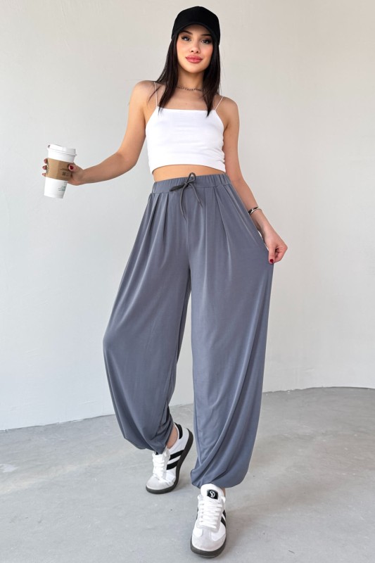 PNT-07413 Füme Modal Kumaş Paça Detaylı Şalvar Pantolon - 3