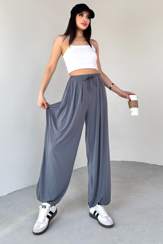 PNT-07413 Füme Modal Kumaş Paça Detaylı Şalvar Pantolon - 4