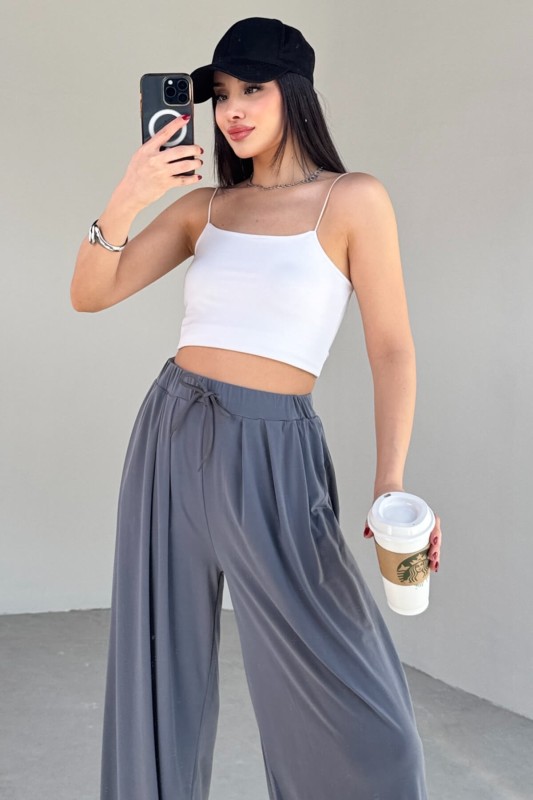 PNT-07413 Füme Modal Kumaş Paça Detaylı Şalvar Pantolon - 5