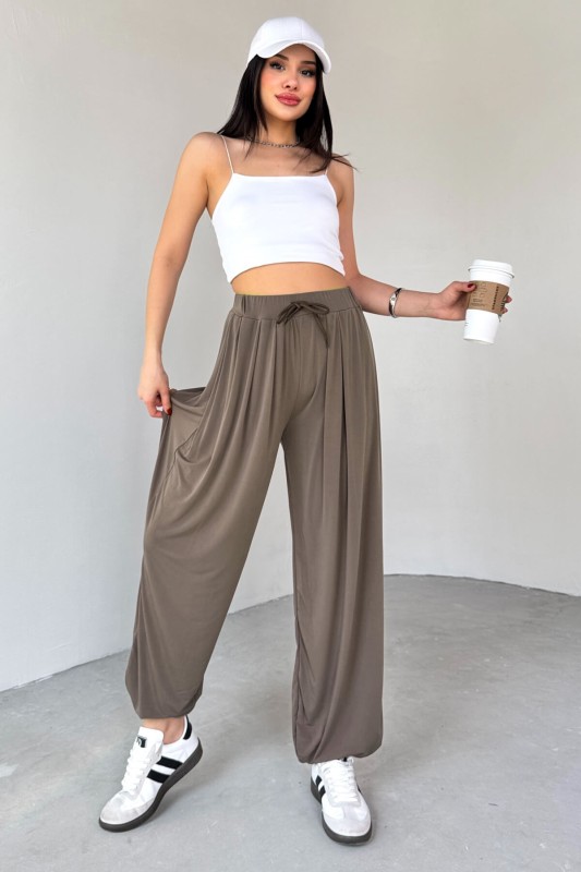PNT-07413 Haki Modal Kumaş Paça Detaylı Şalvar Pantolon - 1
