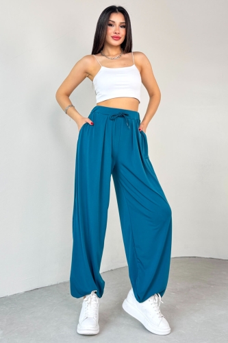 PNT-07413 Mavi Modal Kumaş Paça Detaylı Şalvar Pantolon 