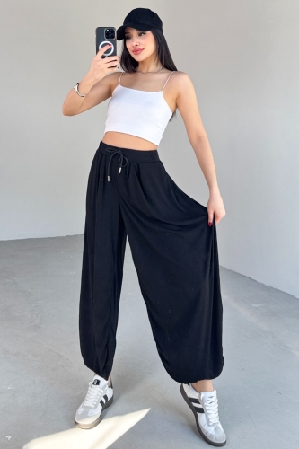 PNT-07413 Siyah Modal Kumaş Paça Detaylı Şalvar Pantolon 