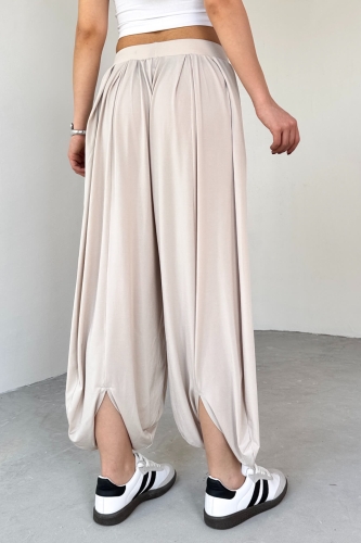 PNT-07413 Taş Rengi Modal Kumaş Paça Detaylı Şalvar Pantolon - 3