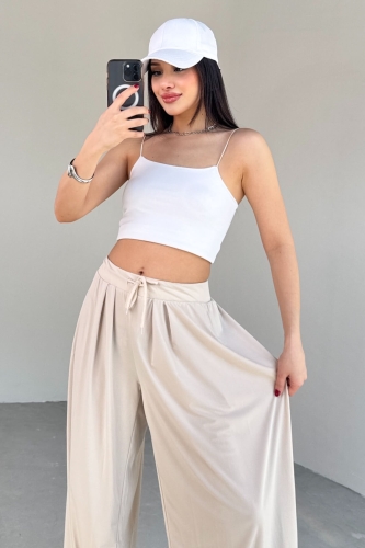 PNT-07413 Taş Rengi Modal Kumaş Paça Detaylı Şalvar Pantolon - 4