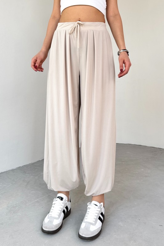 PNT-07413 Taş Rengi Modal Kumaş Paça Detaylı Şalvar Pantolon - 5