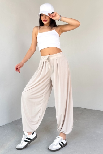 PNT-07413 Taş Rengi Modal Kumaş Paça Detaylı Şalvar Pantolon - Cappmoda