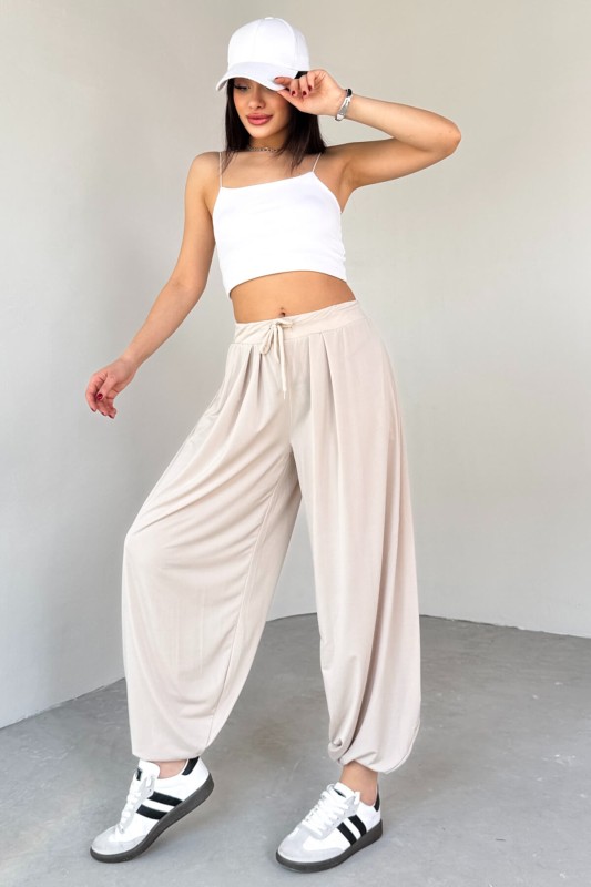 PNT-07413 Taş Rengi Modal Kumaş Paça Detaylı Şalvar Pantolon - 1