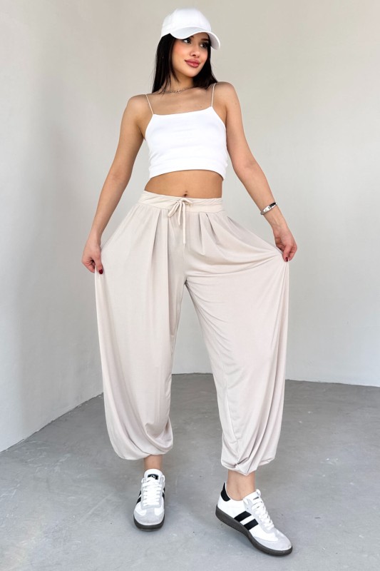 PNT-07413 Taş Rengi Modal Kumaş Paça Detaylı Şalvar Pantolon - 2