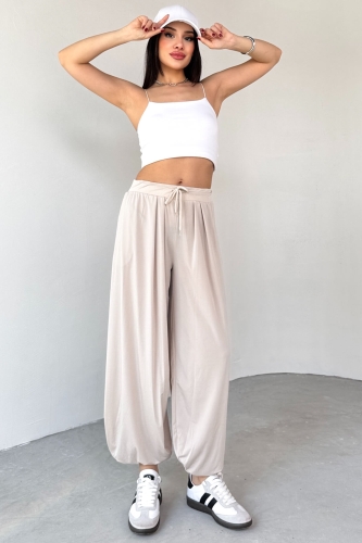 PNT-07413 Taş Rengi Modal Kumaş Paça Detaylı Şalvar Pantolon - 6