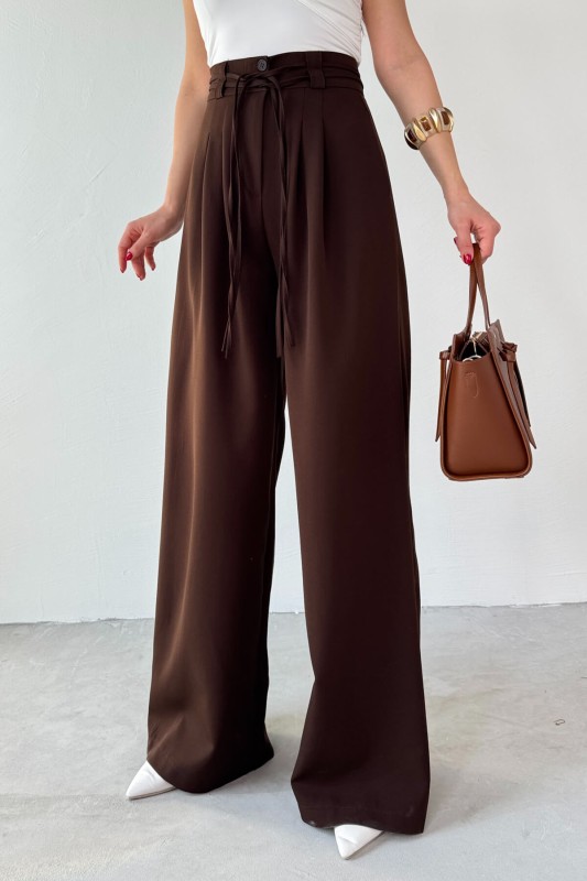 PNT-07414 Kahverengi İp Askı Model Tasarım Salaş Pantolon - 4