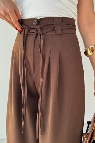 PNT-07414 Kahverengi İp Askı Model Tasarım Salaş Pantolon - 2
