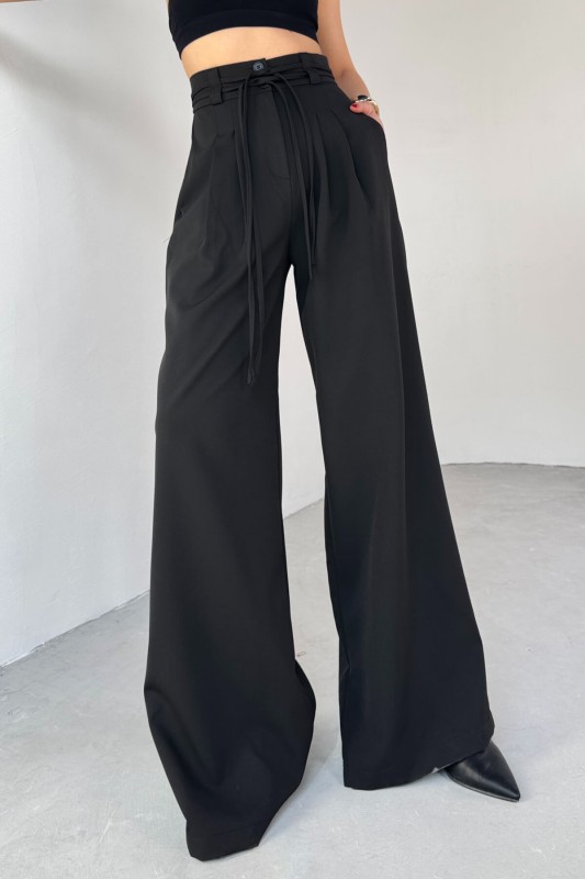 PNT-07414 Siyah İp Askı Model Tasarım Salaş Pantolon - 2