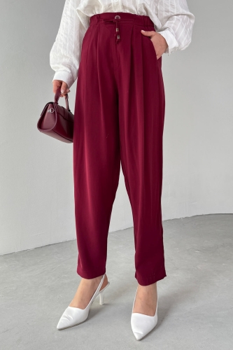 PNT-07416 Bordo Bel Bağlamalı Pensli Havuç Pantolon (1)