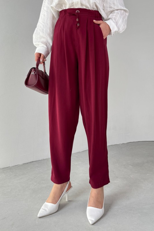 PNT-07416 Bordo Bel Bağlamalı Pensli Havuç Pantolon - 2