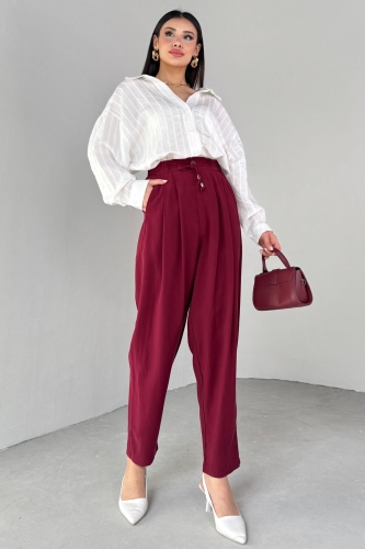 PNT-07416 Bordo Bel Bağlamalı Pensli Havuç Pantolon - 3
