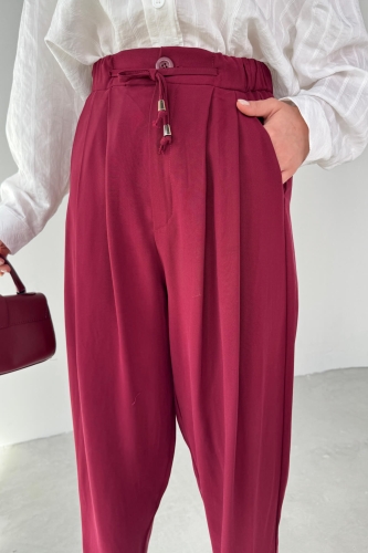 PNT-07416 Bordo Bel Bağlamalı Pensli Havuç Pantolon - 5