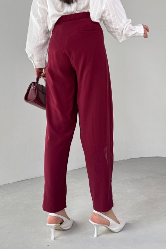PNT-07416 Bordo Bel Bağlamalı Pensli Havuç Pantolon - 6