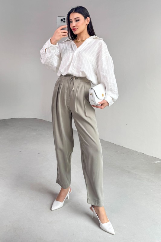 PNT-07416 Haki Bel Bağlamalı Pensli Havuç Pantolon - 3