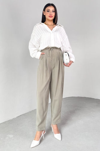 PNT-07416 Haki Bel Bağlamalı Pensli Havuç Pantolon - 4