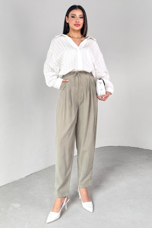 PNT-07416 Haki Bel Bağlamalı Pensli Havuç Pantolon - 4