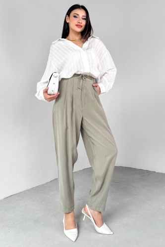 PNT-07416 Haki Bel Bağlamalı Pensli Havuç Pantolon - 1