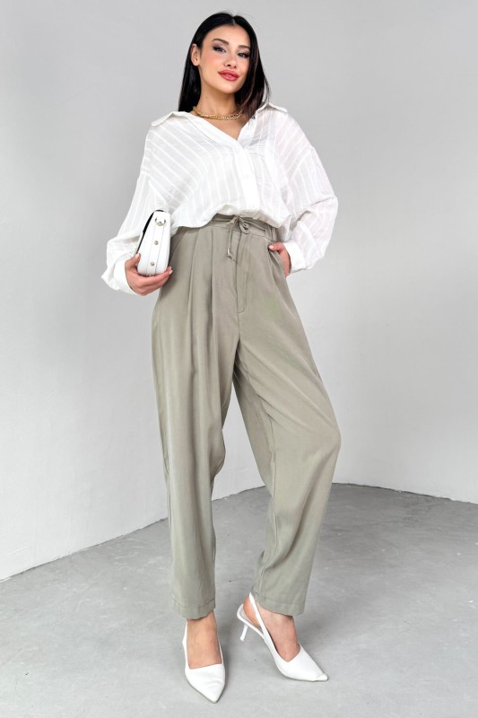 PNT-07416 Haki Bel Bağlamalı Pensli Havuç Pantolon - 1