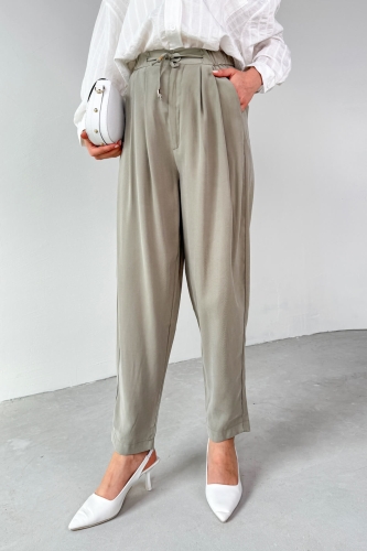 PNT-07416 Haki Bel Bağlamalı Pensli Havuç Pantolon - 5