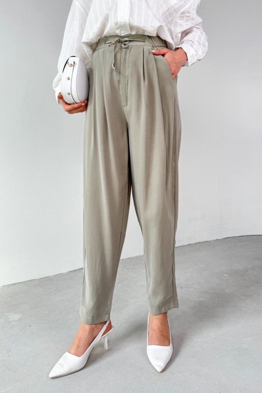 PNT-07416 Haki Bel Bağlamalı Pensli Havuç Pantolon - 5