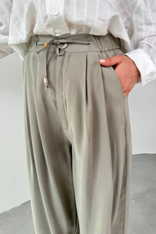 PNT-07416 Haki Bel Bağlamalı Pensli Havuç Pantolon - 2