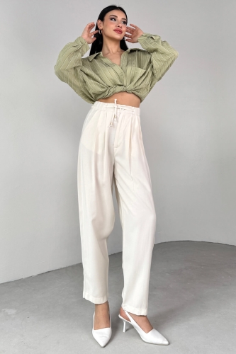 PNT-07416 Krem Bel Bağlamalı Pensli Havuç Pantolon - 1