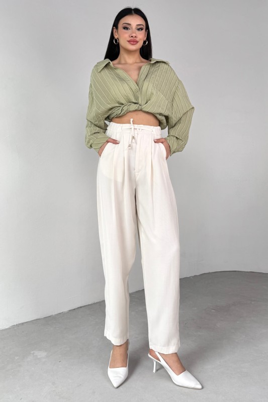 PNT-07416 Krem Bel Bağlamalı Pensli Havuç Pantolon - 3