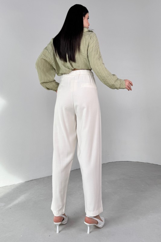 PNT-07416 Krem Bel Bağlamalı Pensli Havuç Pantolon - 4