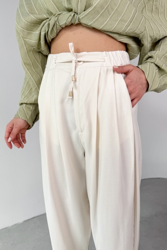 PNT-07416 Krem Bel Bağlamalı Pensli Havuç Pantolon - 5