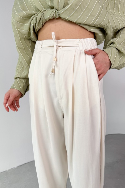 PNT-07416 Krem Bel Bağlamalı Pensli Havuç Pantolon - 5