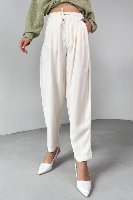PNT-07416 Krem Bel Bağlamalı Pensli Havuç Pantolon - 6
