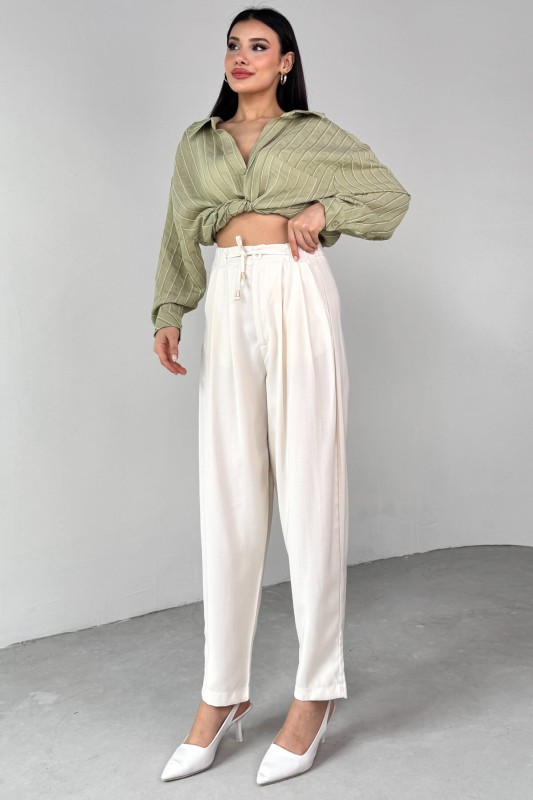 PNT-07416 Krem Bel Bağlamalı Pensli Havuç Pantolon - 7