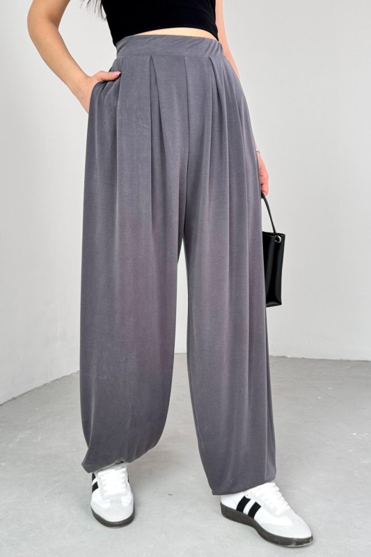 PNT-07417 Füme Bel Lastikli Şalvar Pantolon - 2