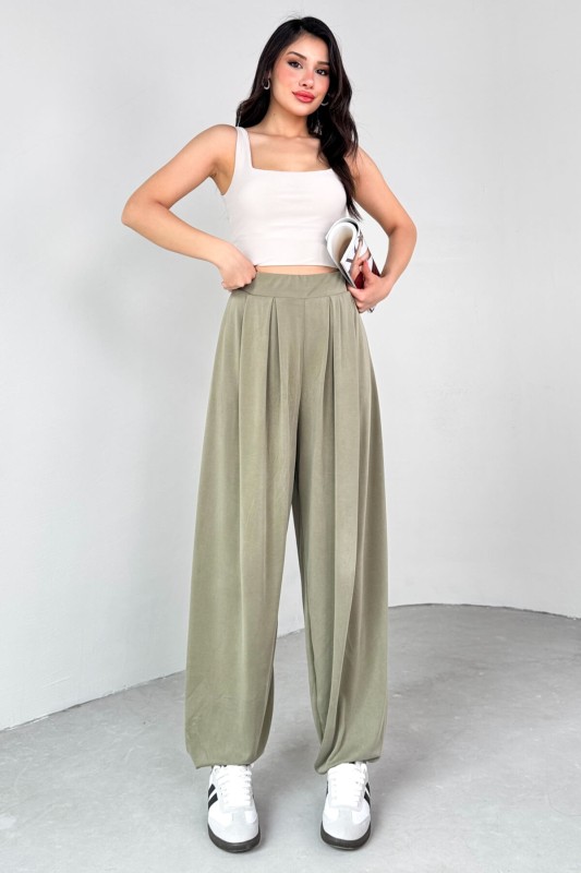 PNT-07417 Haki Bel Lastikli Şalvar Pantolon - 3