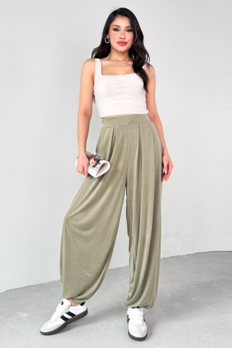 PNT-07417 Haki Bel Lastikli Şalvar Pantolon - 4