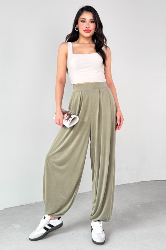 PNT-07417 Haki Bel Lastikli Şalvar Pantolon - 4