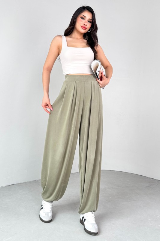 PNT-07417 Haki Bel Lastikli Şalvar Pantolon - 1