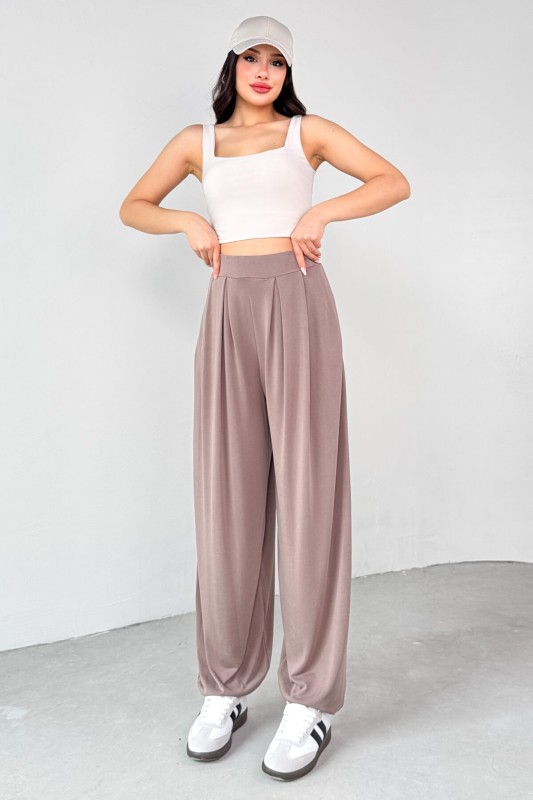 PNT-07417 Kahverengi Bel Lastikli Şalvar Pantolon - 3