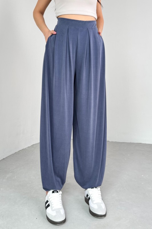 PNT-07417 Mavi Bel Lastikli Şalvar Pantolon - 2