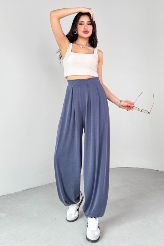 PNT-07417 Mavi Bel Lastikli Şalvar Pantolon - 4