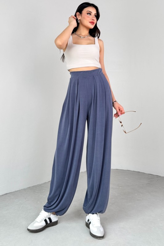 PNT-07417 Mavi Bel Lastikli Şalvar Pantolon - 5