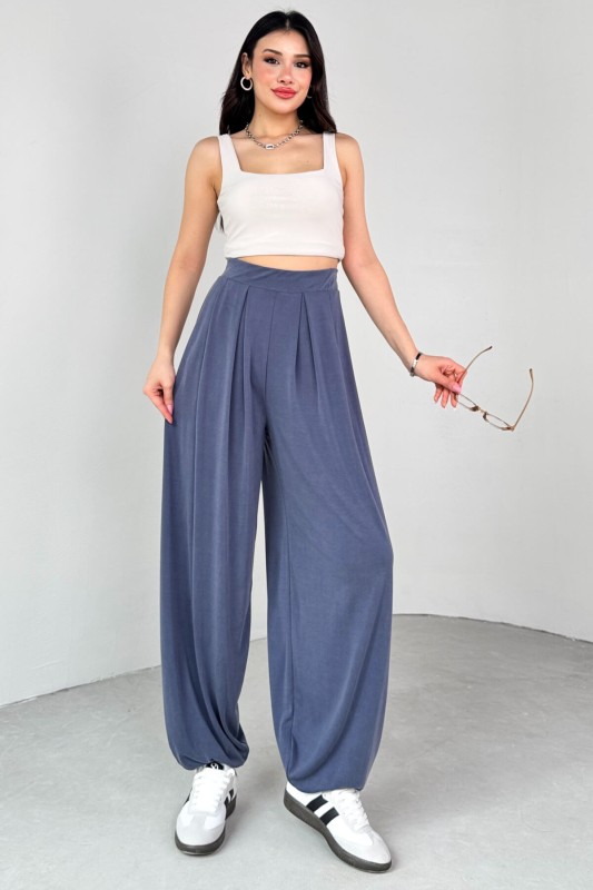 PNT-07417 Mavi Bel Lastikli Şalvar Pantolon - 1